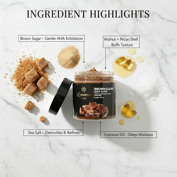 Luminous Care Brown Sugar Body Scrub | Sea Salt + Walnut Shell Exfoliating 200g - Picture 5 of 10